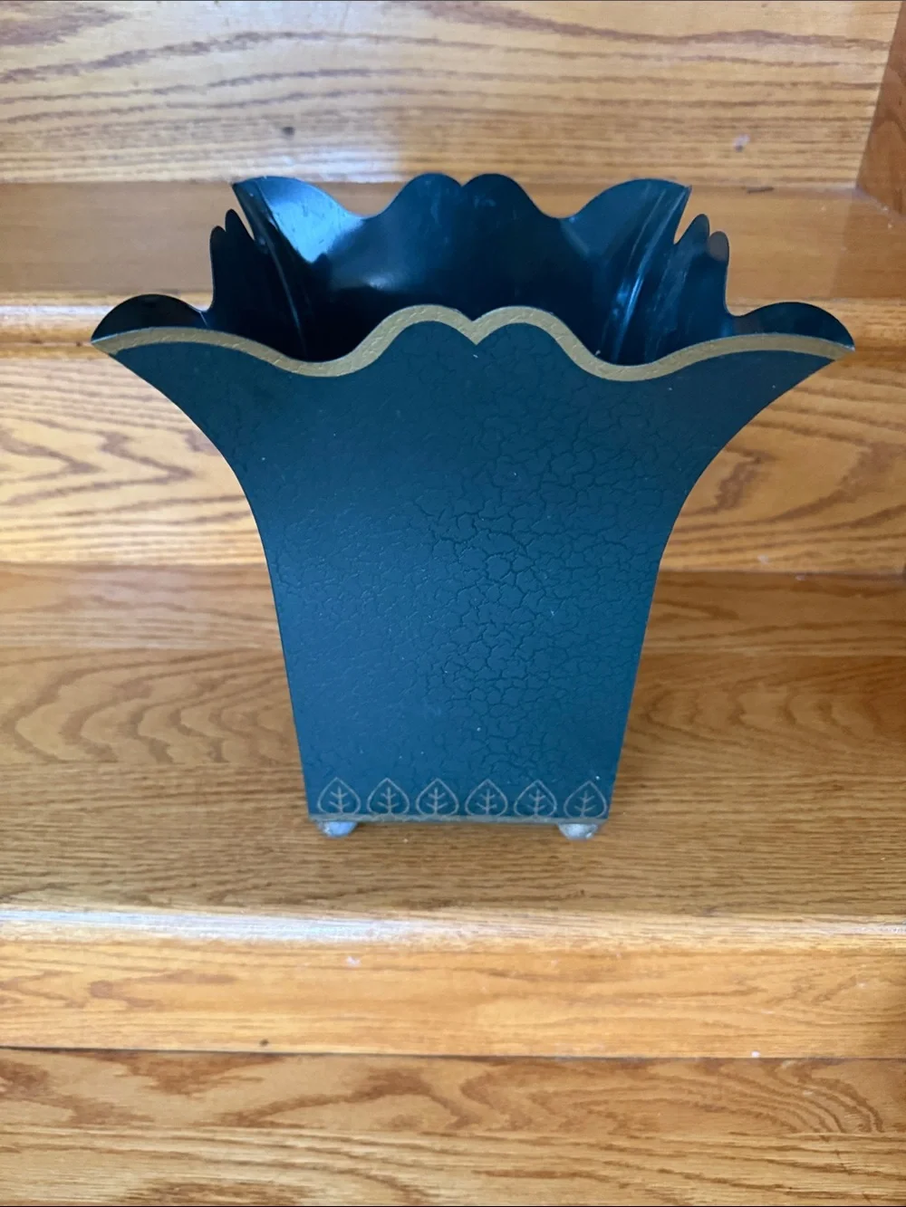 Decorative Teal Crackle Metal  Vase/ garbage pail with Gold Trim